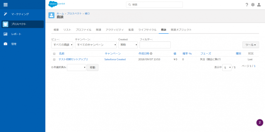 Pardotのプロスペクト情報の商談タブ